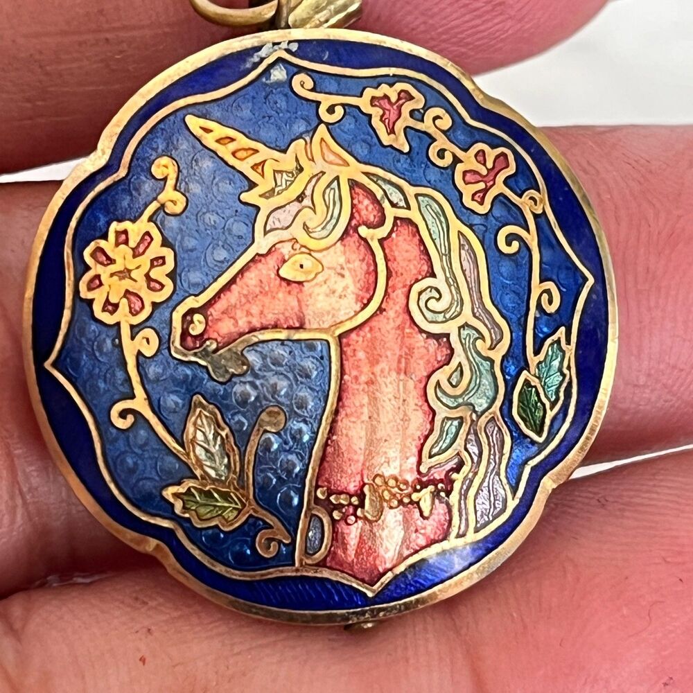 Vintage Cloisonné Enamel Unicorn Pendant Gold tone STUNNING!